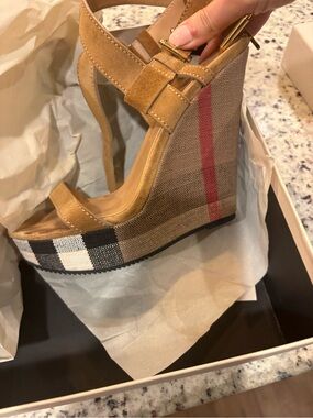 Burberry Tan Suede Wedge Sandals with Signature Check Platform
